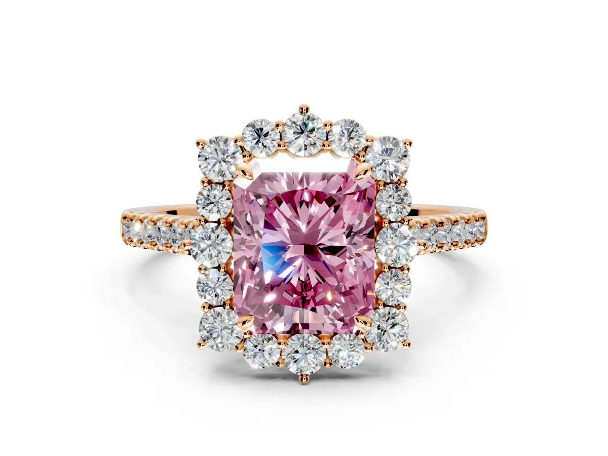Halo Engagement Ring Setting for Fancy Pink Radiant Cut Center with Single-Row Pave, Open Basket and Prong Head in Rose Gold
