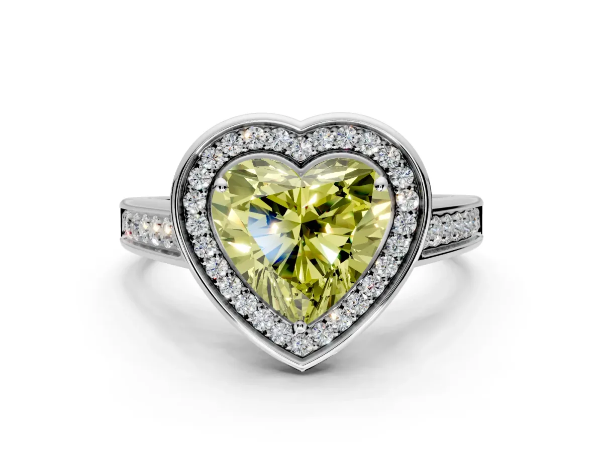 Halo Engagement Ring Setting for Fancy Yellow Heart-Shaped Center with Outer Bezel Rim, Pave Band and Prong Head in White Gold