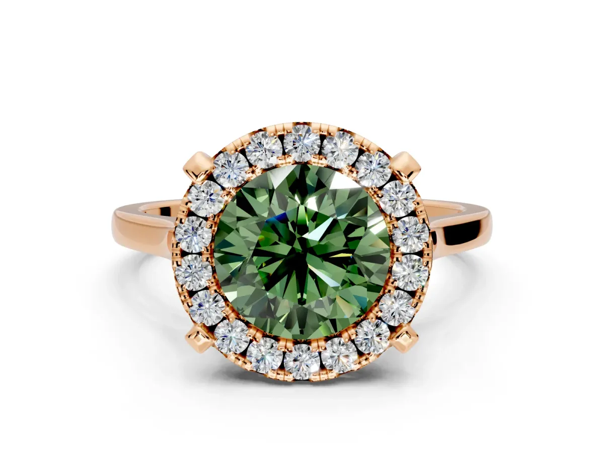 Single Halo Engagement Ring Setting for Fancy Green Round Cut Center with Corner Claws, Plain Band and Prong Head in Rose Gold