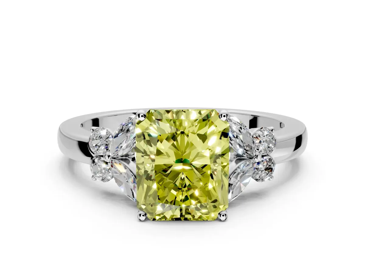 Solitaire Engagement Ring Setting for Fancy Yellow Radiant Cut Center with Marquise Flower Shoulders and Prong Head in Sterling Silver