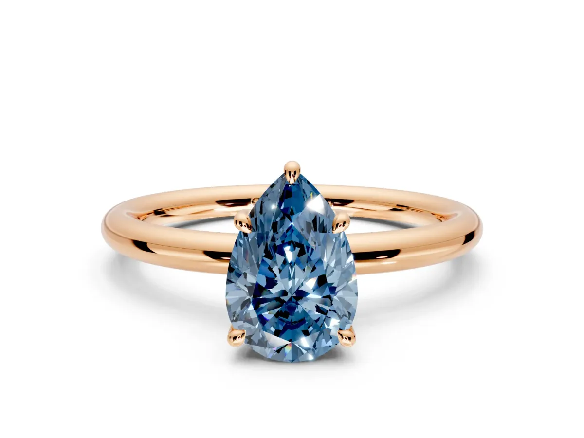 Hidden Halo Engagement Ring Setting for Fancy Blue Pear-Shaped Center with Thin Rounded Band and Prong Head in Rose Gold