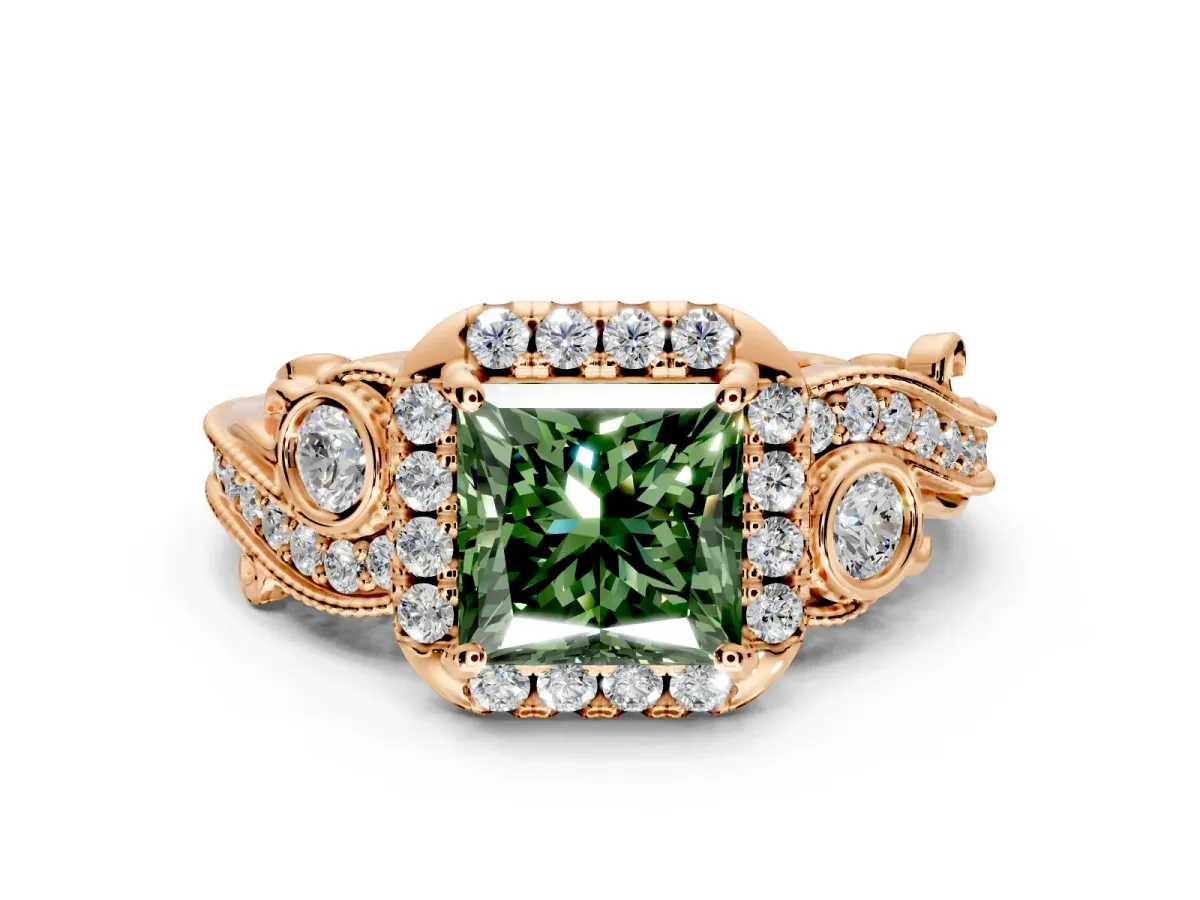 Bypass Halo Engagement Ring Setting for Fancy Green Princess Cut Center with Bezel Accents, Milgrain and Prong Head in Rose Gold
