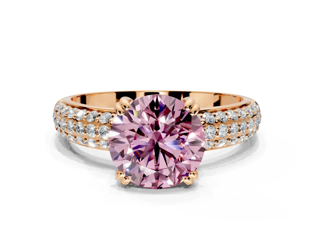 Solitaire Engagement Ring Setting for Fancy Pink Round Cut Center with Multi-Row Pave Accents and Basket Head in Rose Gold