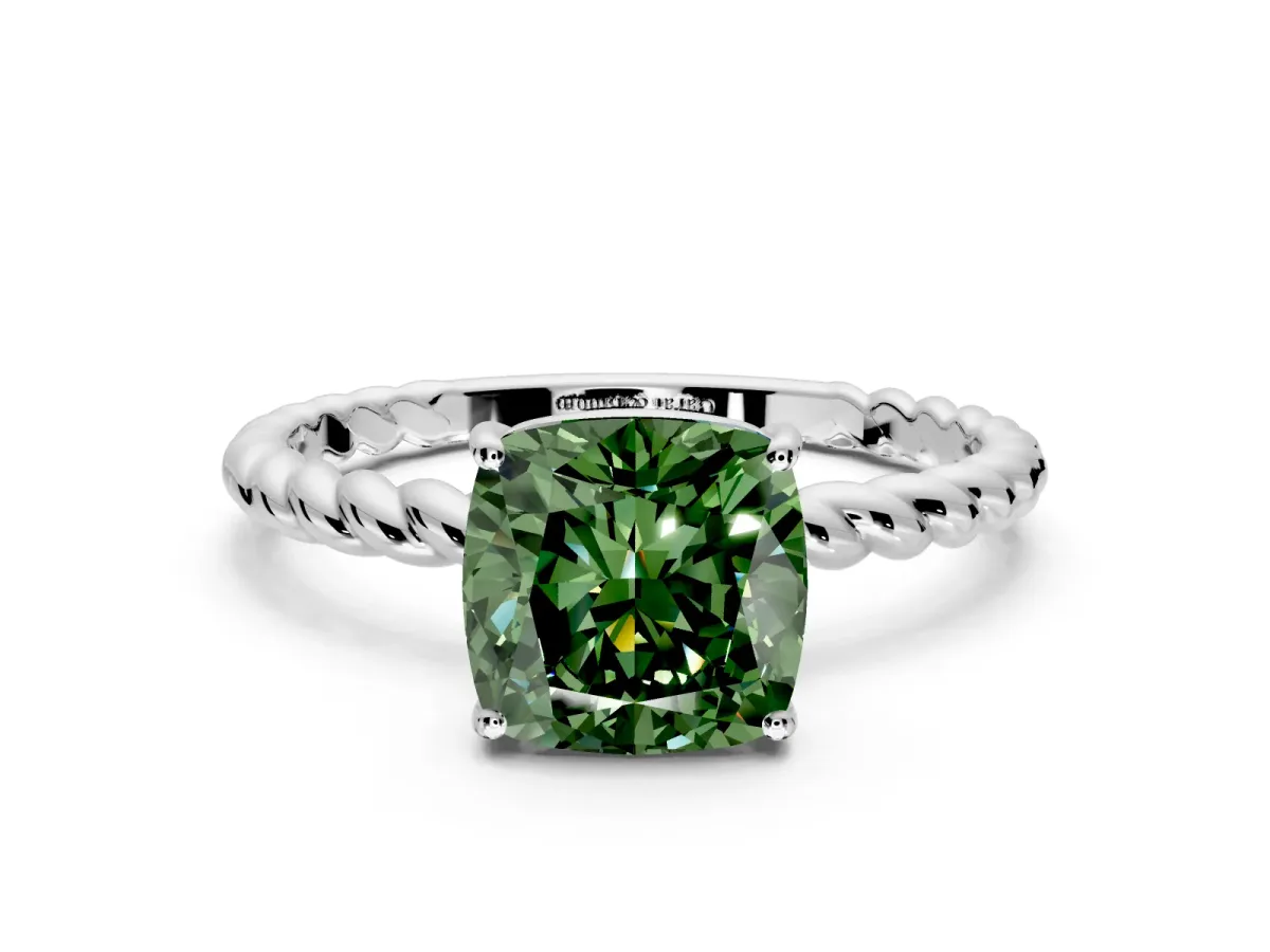 Solitaire Engagement Ring Setting for Fancy Green Cushion Cut Center with Plain Twisted Rope Band and Prong Head in Sterling Silver
