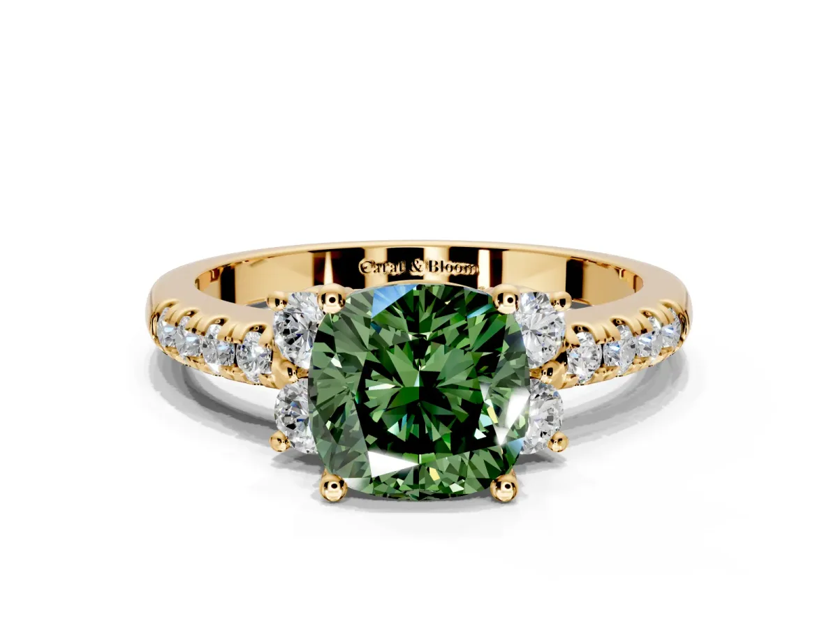 Paired Accent Engagement Ring Setting for Fancy Green Cushion Cut Center with Pave Band and Prong Head in Yellow Gold