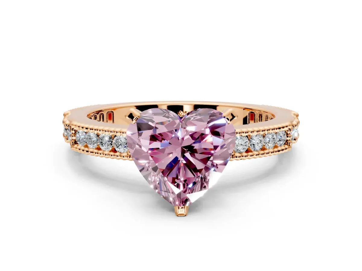 Solitaire Engagement Ring Setting for Fancy Pink Heart-Shaped Center with Milgrain-Edged Pave Band and Prong Head in Rose Gold
