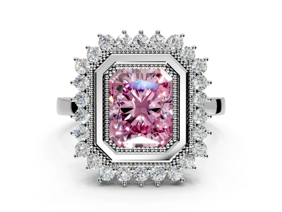 Halo Engagement Ring Setting for Fancy Pink Radiant Cut Center with Milgrain Bezel Rim, Plain Band and Prong Head in Platinum