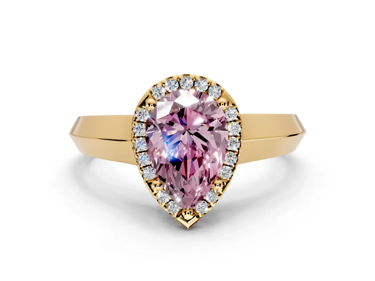 Halo Engagement Ring Setting for Fancy Pink Pear-Shaped Center with Knife Ridge Cathedral Band and Prong Head in Yellow Gold