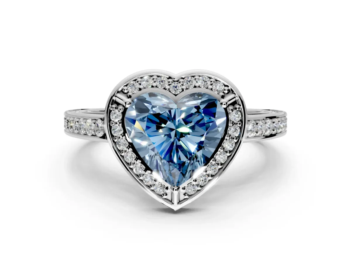 Halo Engagement Ring Setting for Fancy Blue Heart-Shaped Center with Framed Halo, Pave Band and Prong Head in Platinum