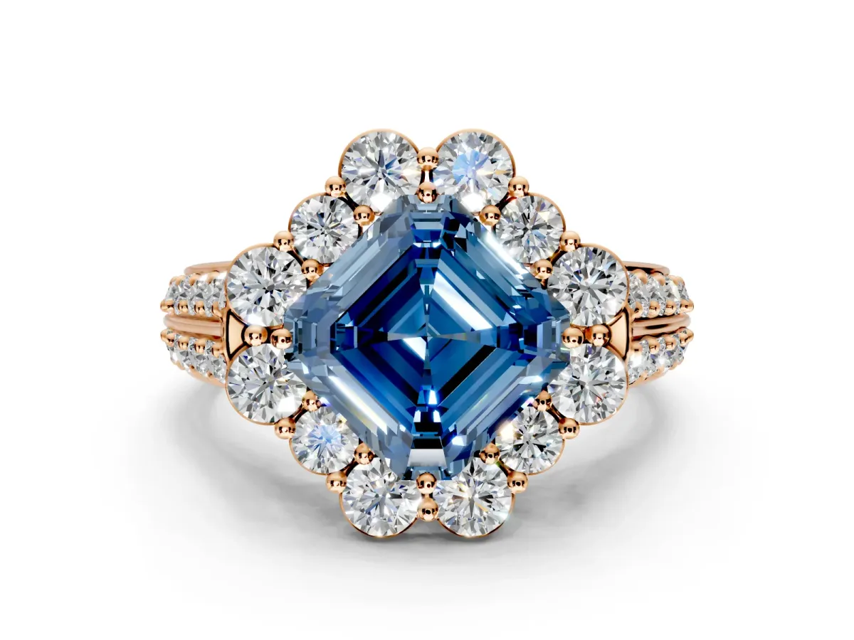 Large Accent Halo Engagement Ring Setting for Fancy Blue Asscher Cut Center with Pave Split Shank and Prong Head in Rose Gold