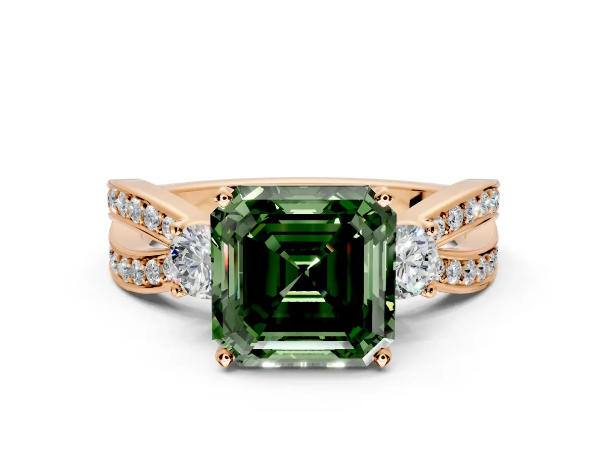 3 Stone Engagement Ring Setting for Fancy Green Asscher Cut Center with Pave Twist Band and Prong Head in Rose Gold
