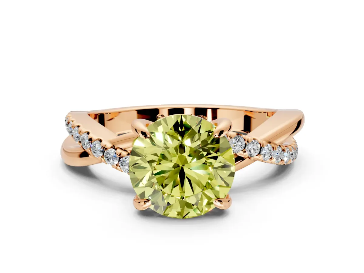 Solitaire Engagement Ring Setting for Fancy Yellow Round Cut Center with Half-Pave Crossover Band and Prong Head in Rose Gold