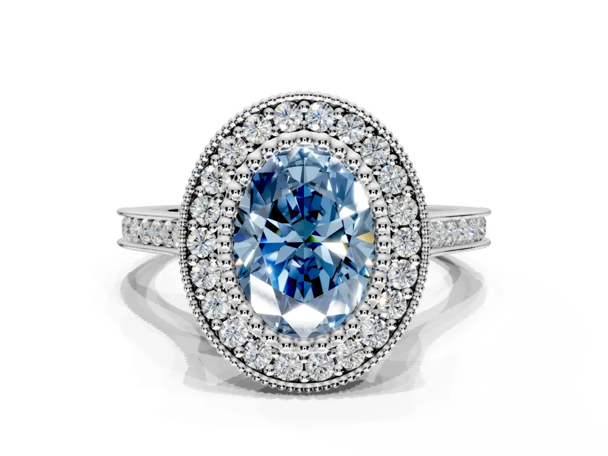 Halo Engagement Ring Setting for Fancy Blue Oval Center with Milgrain Frame, Pave Band and Prong Head in Sterling Silver