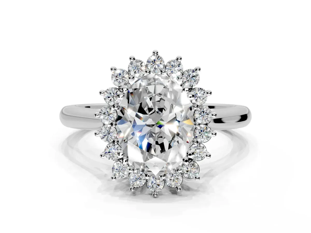 Starburst Halo Engagement Ring Setting for Oval Center with Thin Round-Wire Band and Prong Head in Sterling Silver