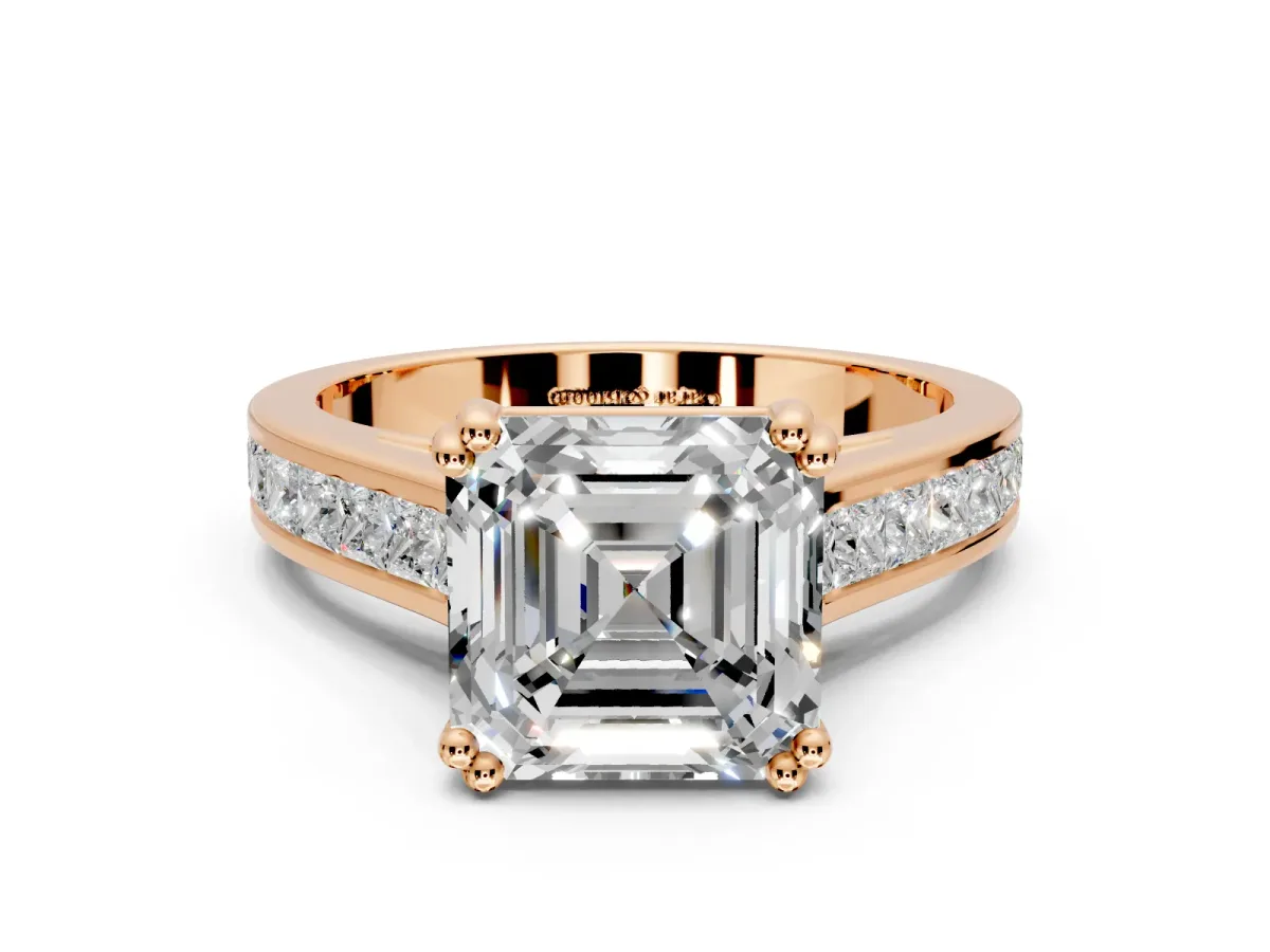 Solitaire Engagement Ring Setting for Asscher Cut Center with Channel Band and Double Claw Prong Head in Rose Gold