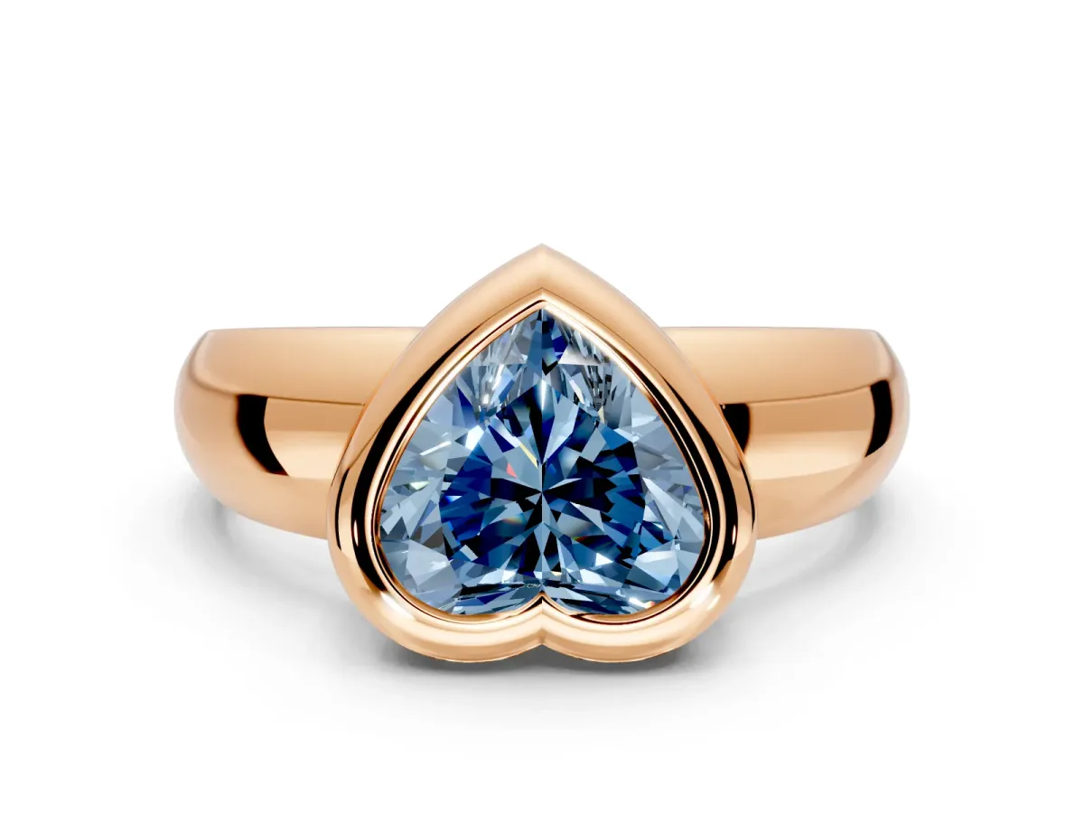 Solitaire Engagement Ring Setting for Fancy Blue Heart-Shaped Center with Wide Band and Bezel Head in Rose Gold