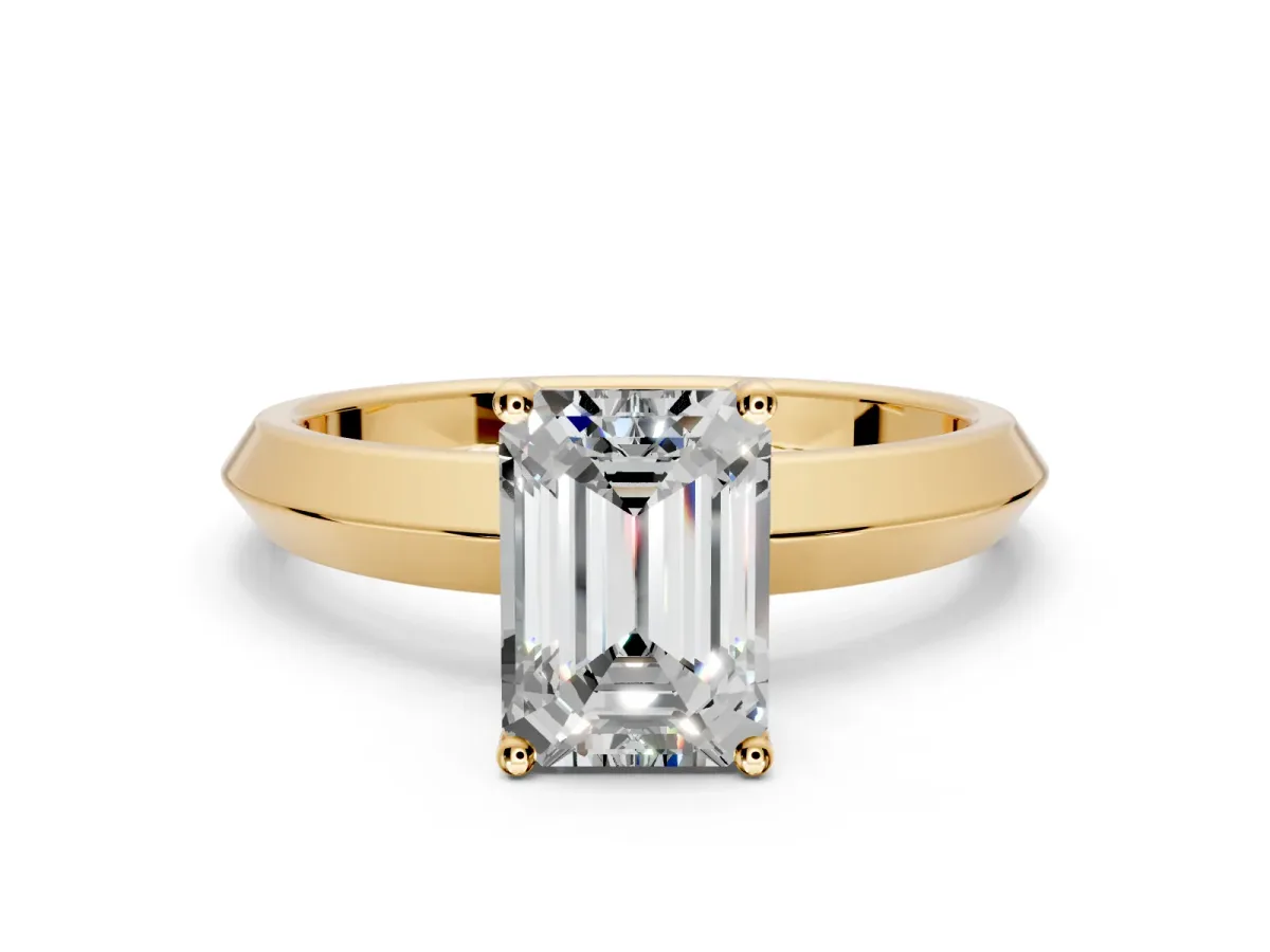 Solitaire Engagement Ring Setting for Emerald Cut Center with Wide Knife Ridge Band and Prong Head in Yellow Gold