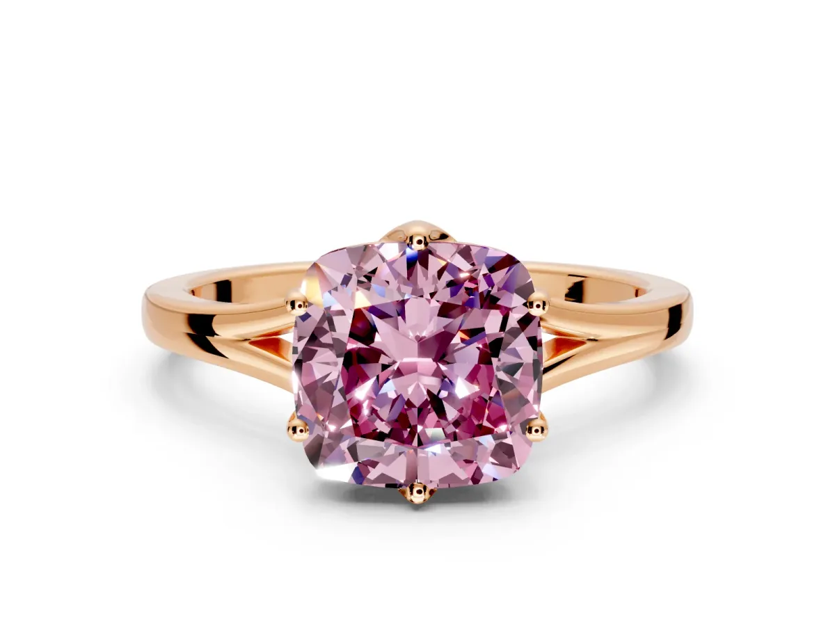 Solitaire Engagement Ring Setting for Fancy Pink Cushion Cut Center with Plain Split Shank and Prong Head in Rose Gold