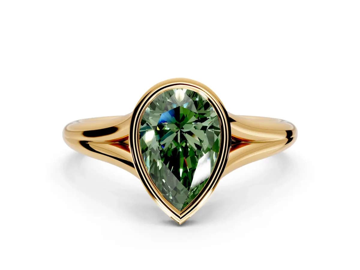 Solitaire Engagement Ring Setting for Fancy Green Pear-Shaped Center with V Split Shank and Bezel Head in Yellow Gold