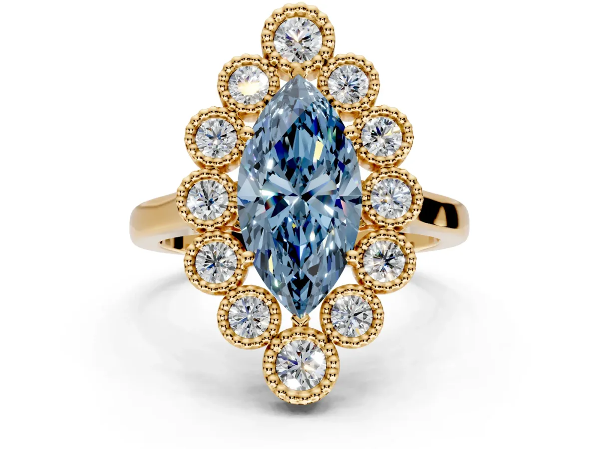 Cluster Halo Engagement Ring Setting for Fancy Blue Marquise Center with Milgrain Bezel Accents and Prong Head in Yellow Gold