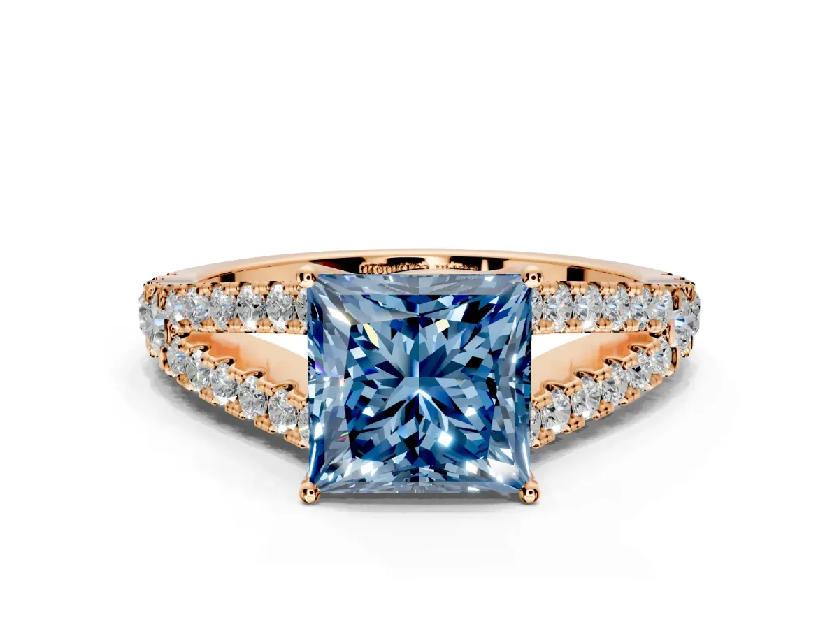 Solitaire Engagement Ring Setting for Fancy Blue Princess Cut Center with Pave Split Shank and Prong Head in Rose Gold