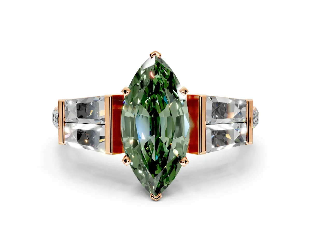 Channel-Set Engagement Ring Setting for Fancy Green Marquise Center with Baguette Band and Prong Head in Rose Gold