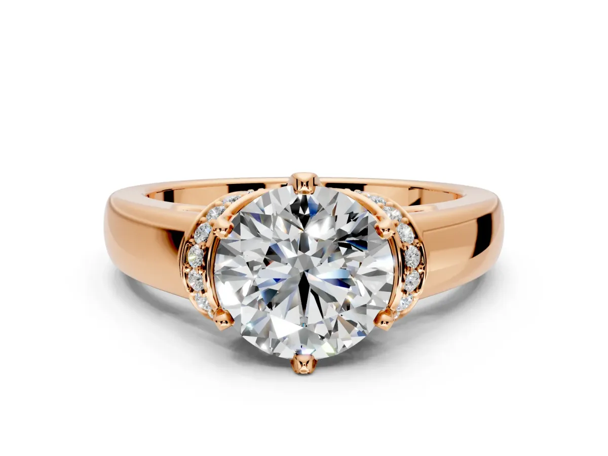 Solitaire Engagement Ring Setting for Round Cut Center with Wide Band, Pave Collar and Prong Head in Rose Gold