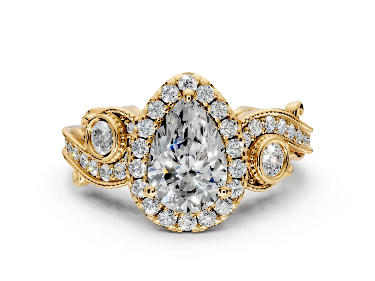 Milgrain Halo Engagement Ring Setting for Pear-Shaped Center with Shoulder Bezels and Prong Head in Yellow Gold