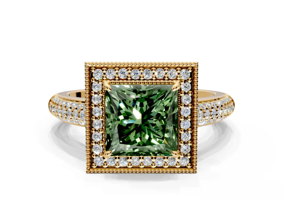 Milgrain Halo Engagement Ring Setting for Fancy Green Princess Cut Center with Three-Sided Pave Band and Prong Head in Yellow Gold