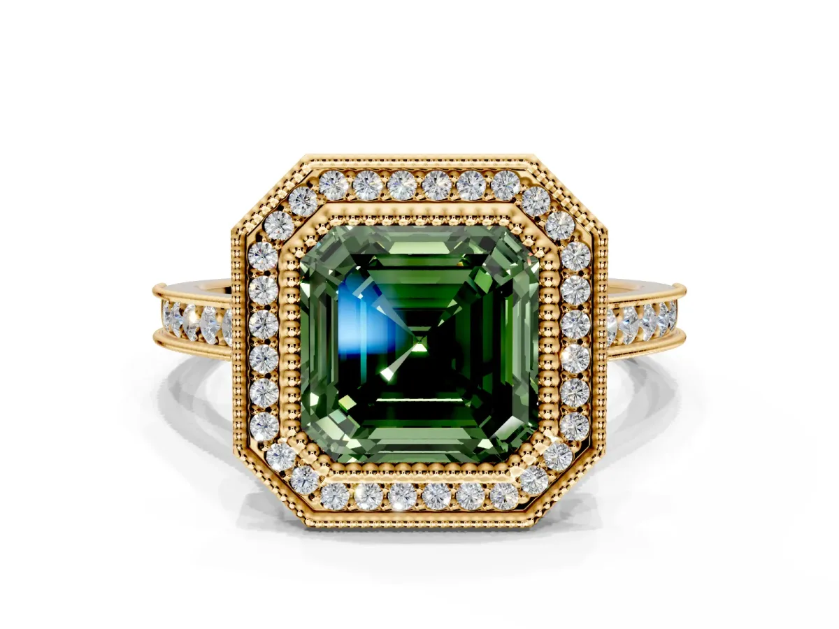 Halo Engagement Ring Setting for Fancy Green Asscher Cut Center with Milgrain Pave Band and Bezel Head in Yellow Gold