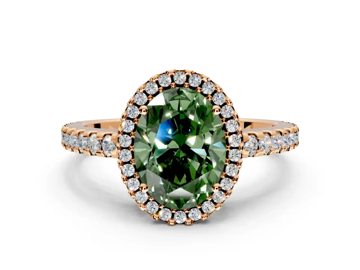 Accent Halo Engagement Ring Setting for Fancy Green Oval Center with Full-Length Pave Band and Prong Head in Rose Gold