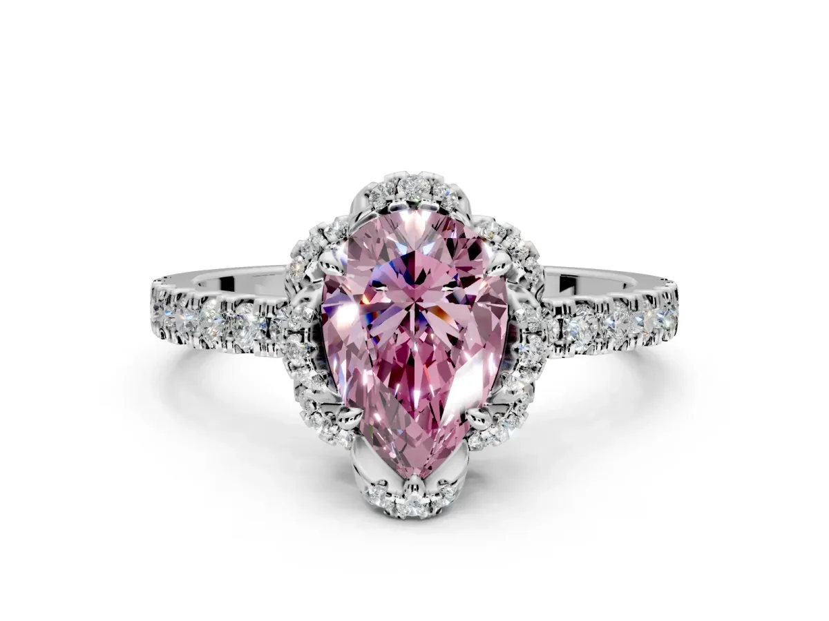 Halo Engagement Ring Setting for Fancy Pink Pear-Shaped Center with Openwork Halo, Pave Band and Prong Head in White Gold