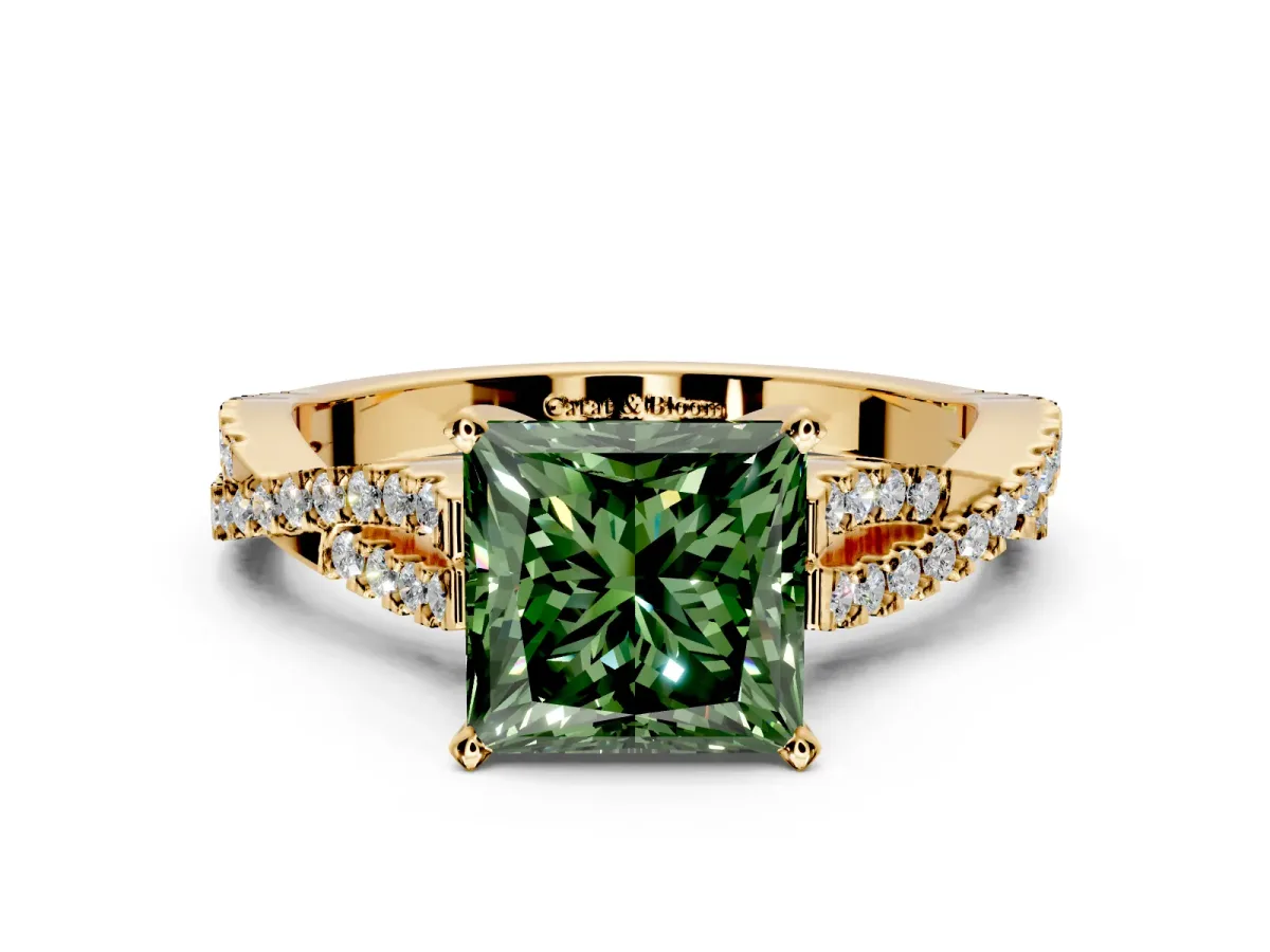 Solitaire Engagement Ring Setting for Fancy Green Princess Cut Center with Twisted Pave Split Shank and Prong Head in Yellow Gold