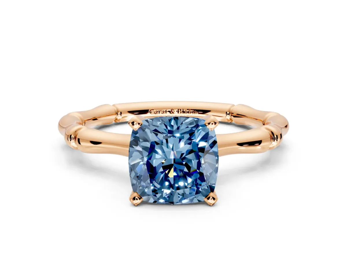 Solitaire Engagement Ring Setting for Fancy Blue Cushion Cut Center with Bamboo Band and Prong Head in Rose Gold