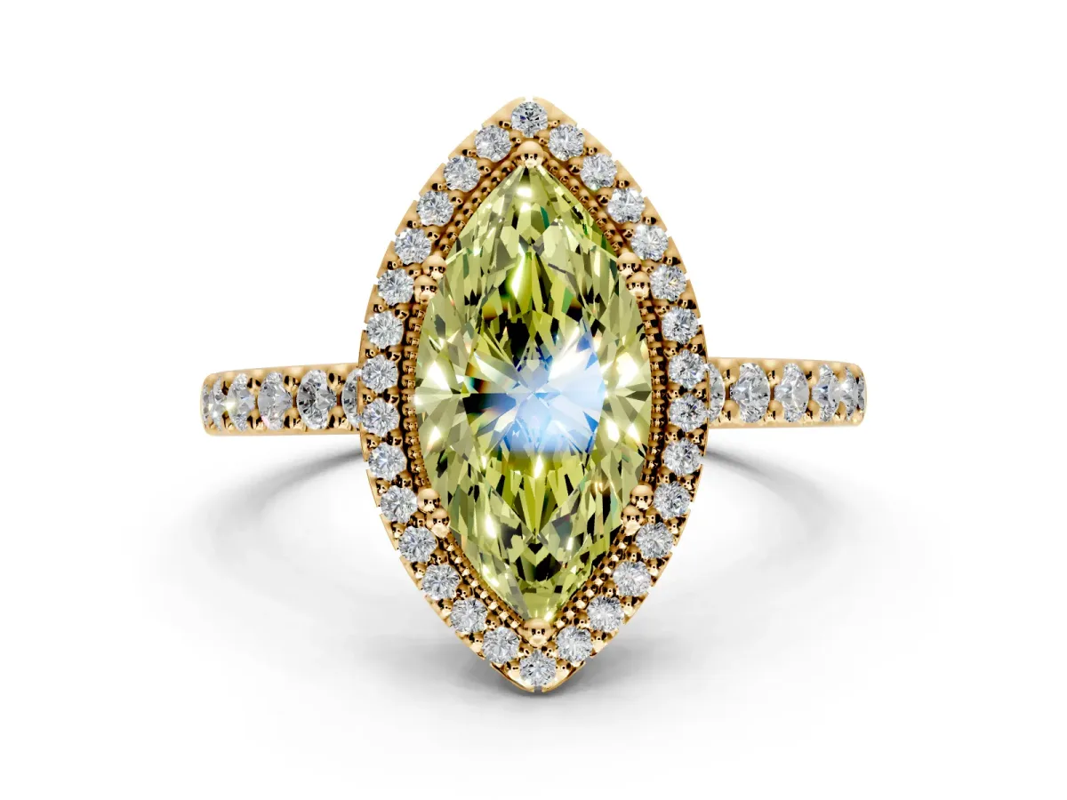 Halo Engagement Ring Setting for Fancy Yellow Marquise Center with Inner Milgrain Border and Prong Head in Yellow Gold