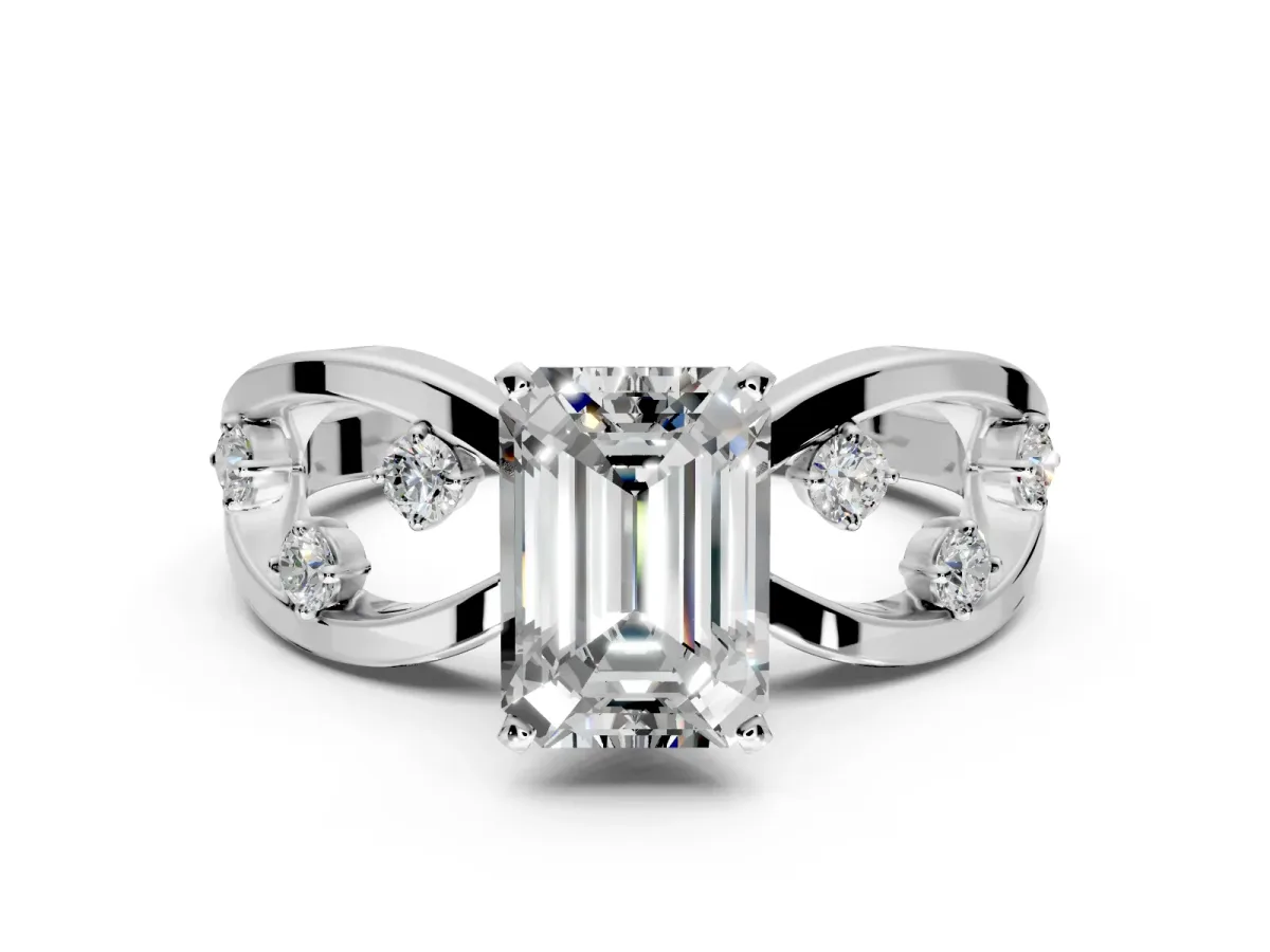 Solitaire Engagement Ring Setting for Emerald Cut Center with Criss-Cross Accent Band and Prong Head in Platinum