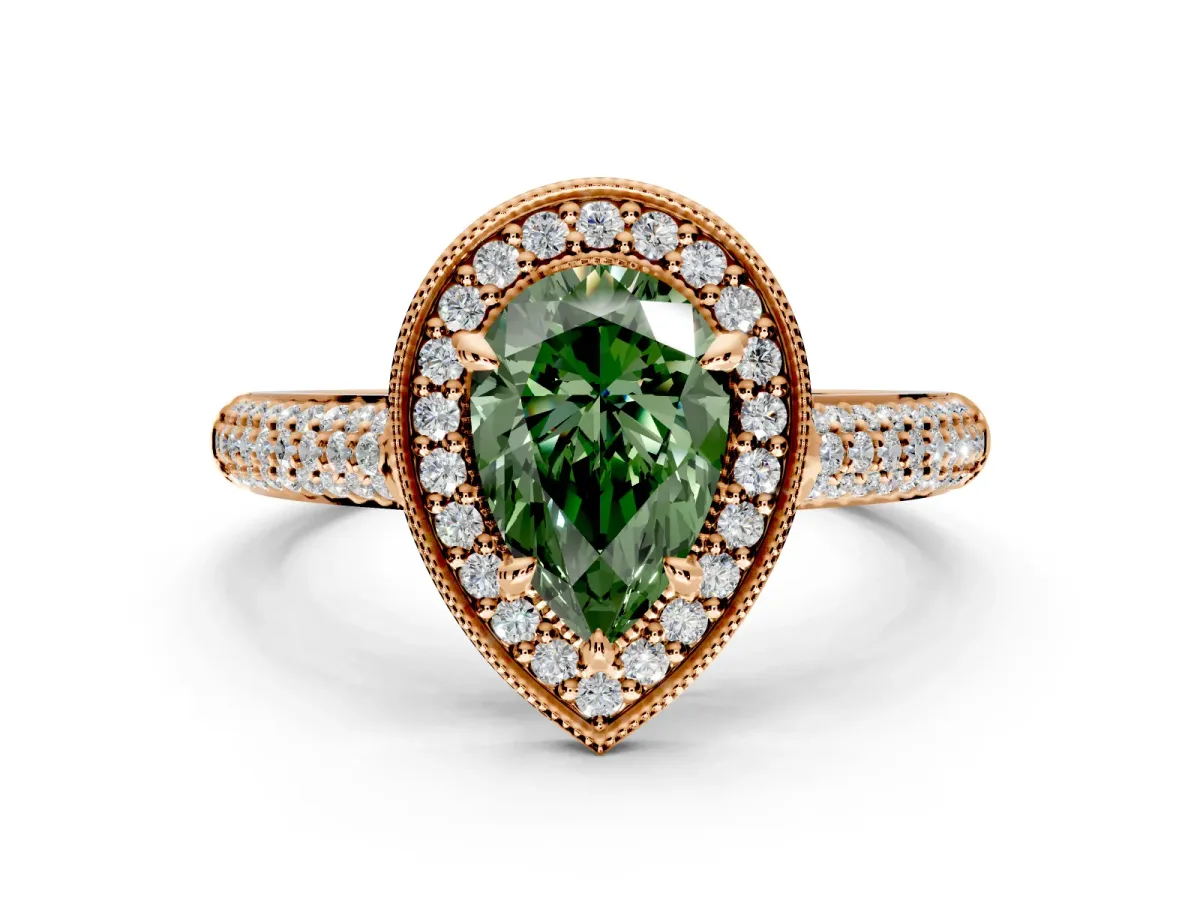 Milgrain Halo Engagement Ring Setting for Fancy Green Pear-Shaped Center with Three-Sided Pave Band and Prong Head in Rose Gold