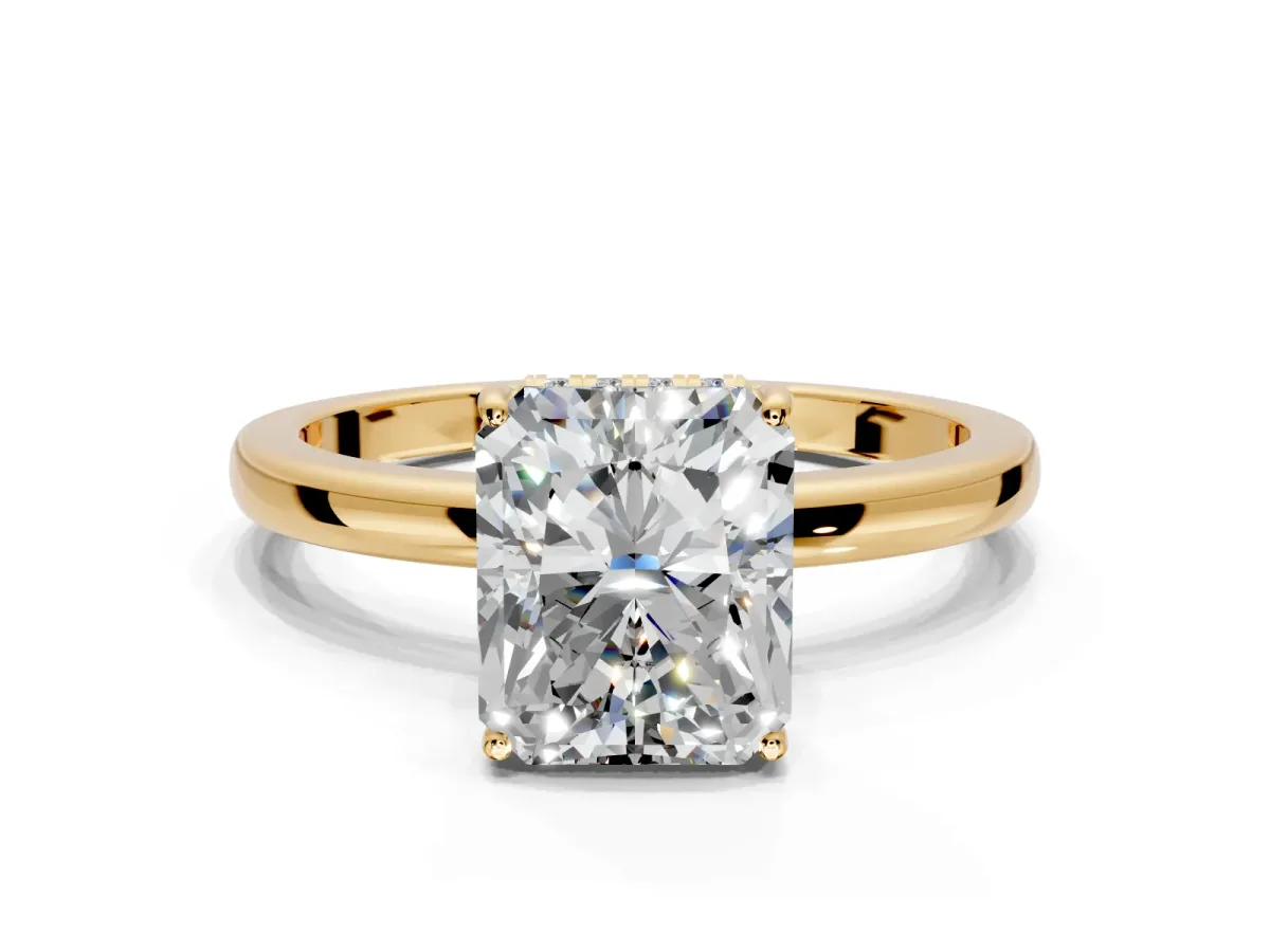 Solitaire Engagement Ring Setting for Radiant Cut Center with Fine Wire Band and Prong Head in Yellow Gold