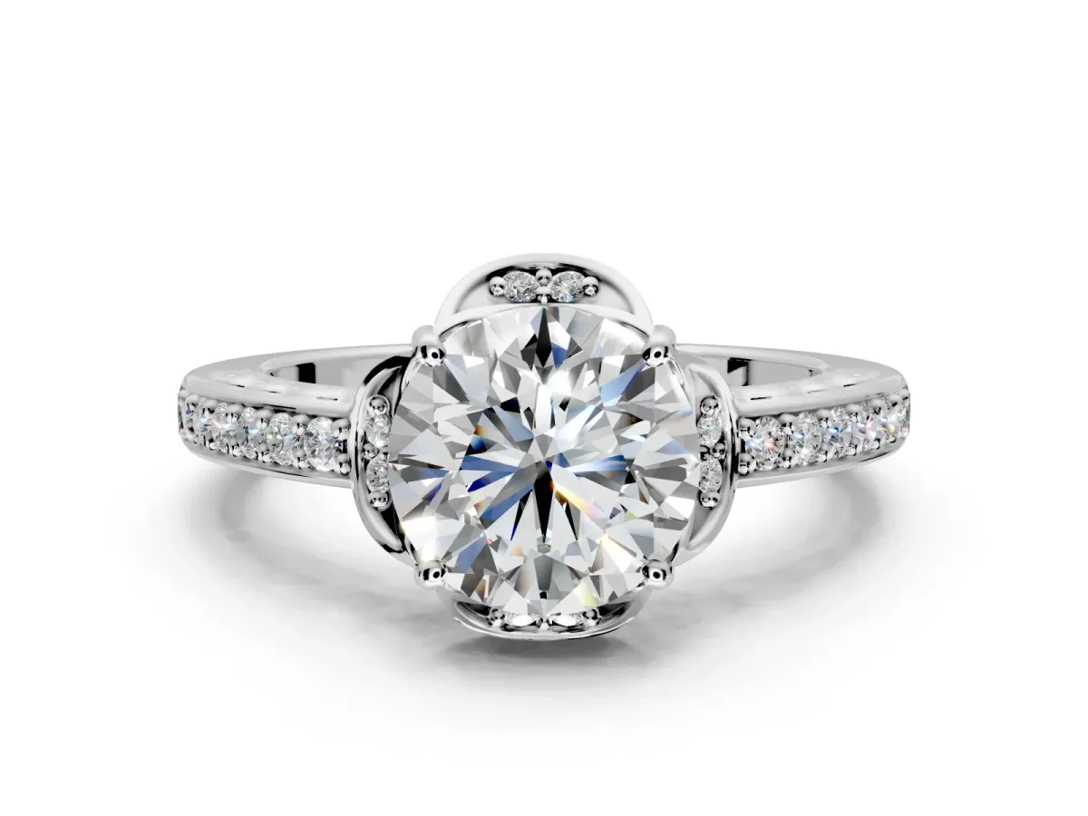 Floral Engagement Ring Setting for Round Cut Center with Four Accent Clusters and Prong Head in Sterling Silver
