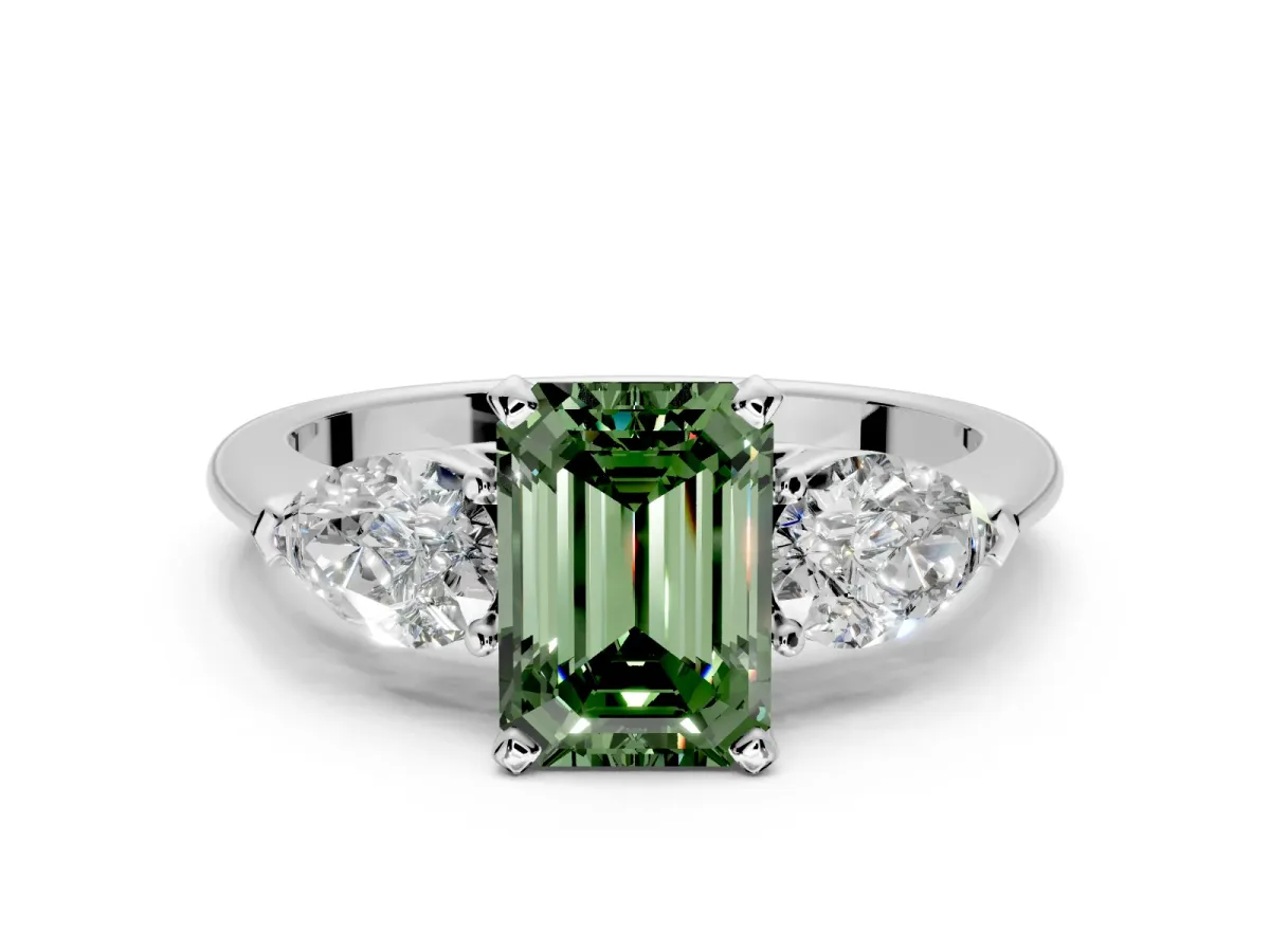 3 Stone Engagement Ring Setting for Fancy Green Emerald Cut Center with Large Pear-Shaped Accents and Prong Head in Platinum