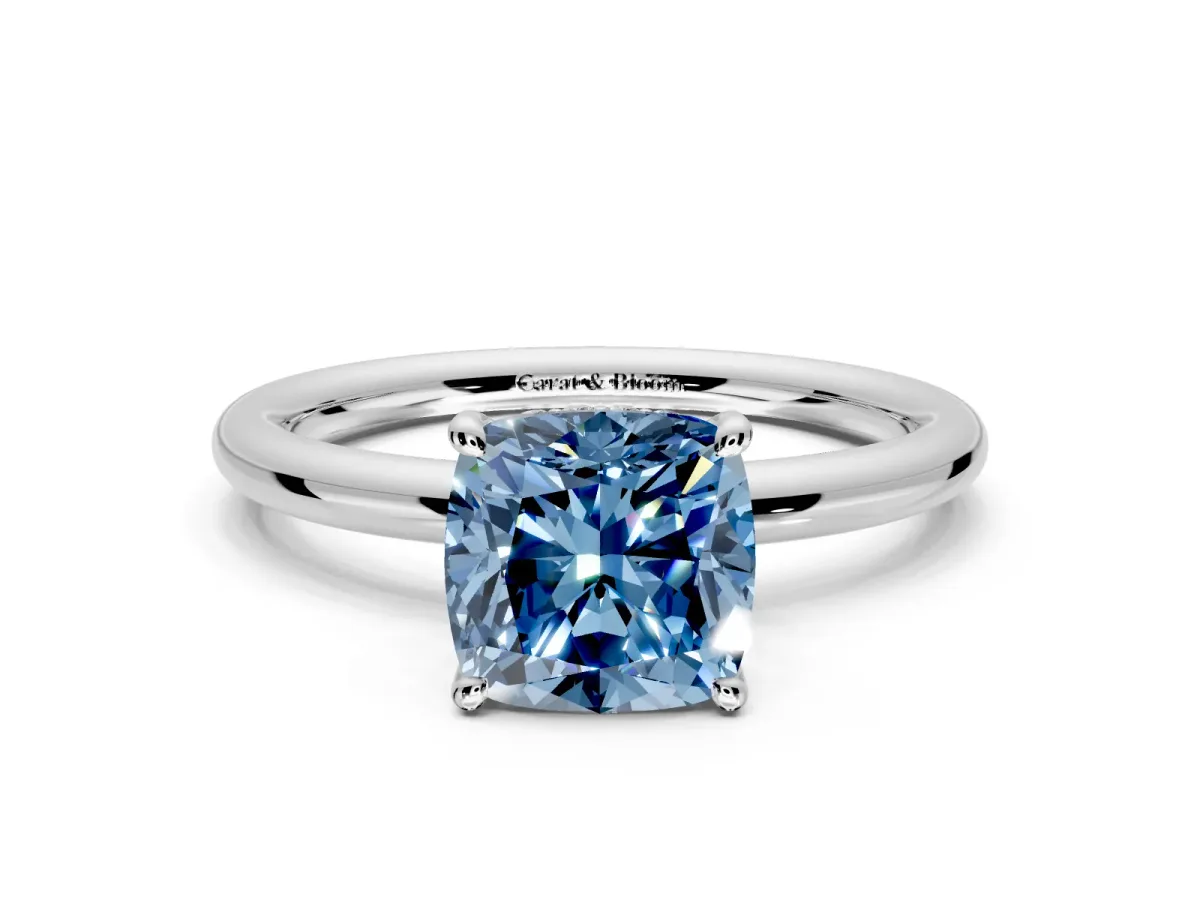 Hidden Halo Engagement Ring Setting for Fancy Blue Cushion Cut Center with Thin Rounded Band and Prong Head in Sterling Silver