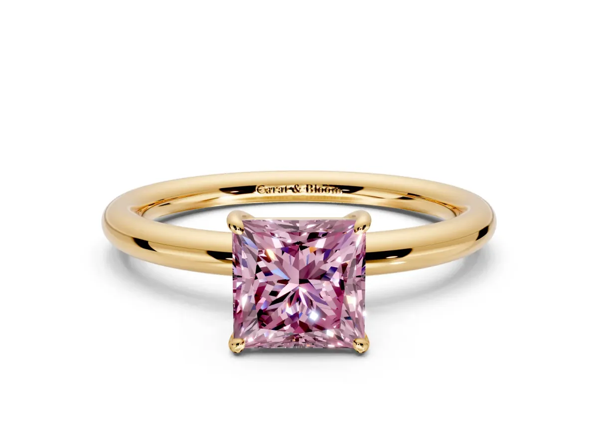 Low-Set Solitaire Engagement Ring Setting for Fancy Pink Princess Cut Center with Thin Plain Band and Prong Head in Yellow Gold