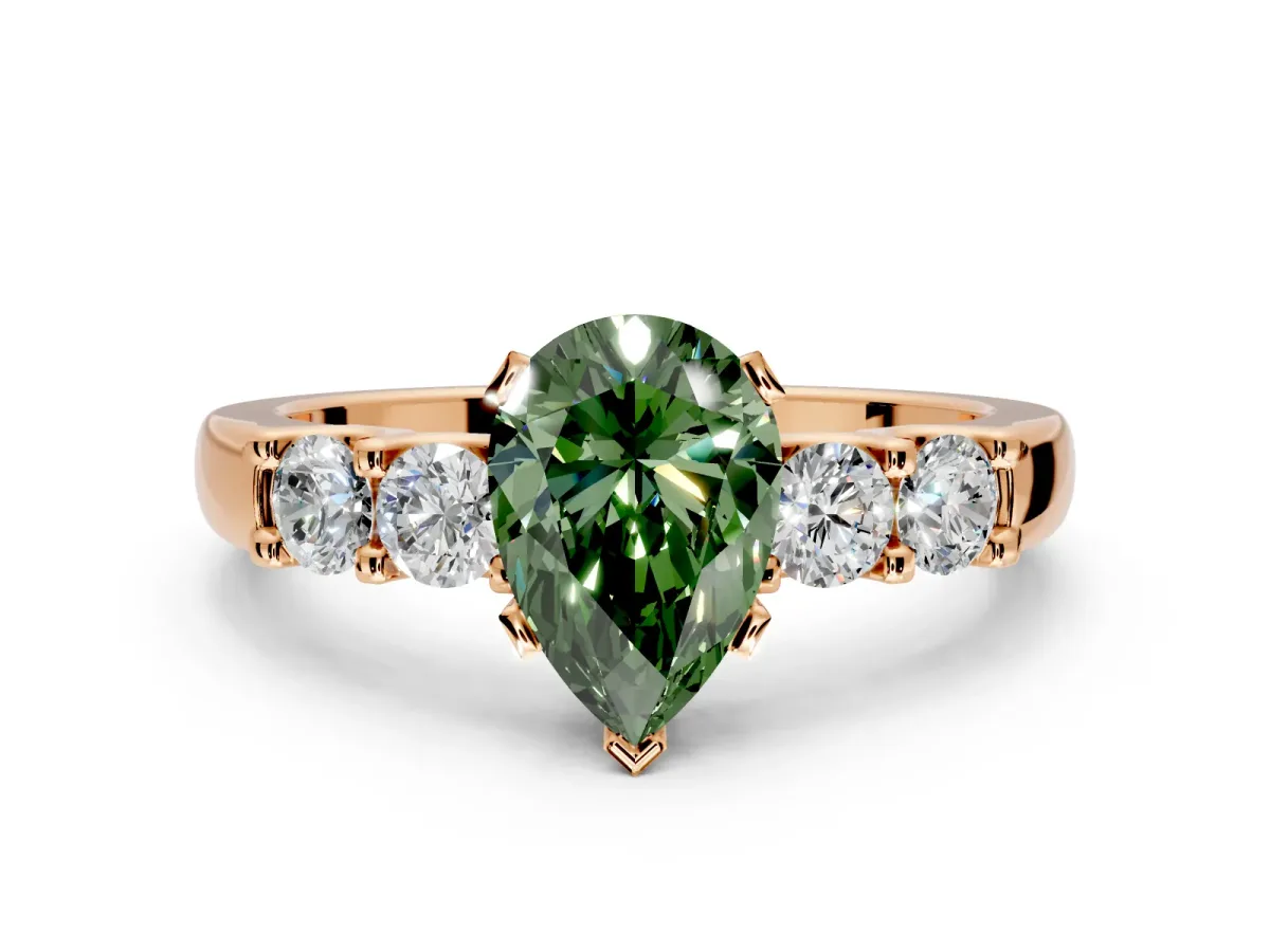 5 Stone Engagement Ring Setting for Fancy Green Pear-Shaped Center with Plain Band and Prong Head in Rose Gold