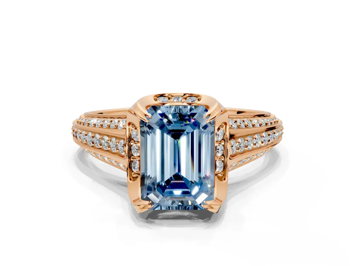 Solitaire Engagement Ring Setting for Fancy Blue Emerald Cut Center with Accented Split Shank and Prong Head in Rose Gold