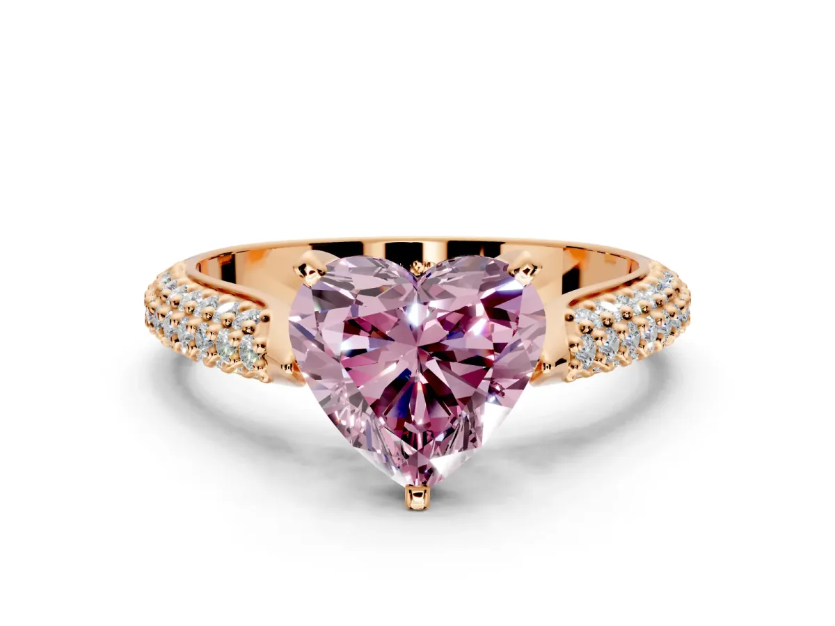 Solitaire Engagement Ring Setting for Fancy Pink Heart-Shaped Center with Multi-Row Accents and Prong Head in Rose Gold
