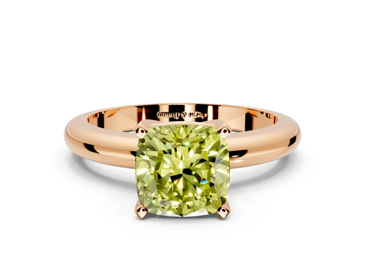 Solitaire Engagement Ring Setting for Fancy Yellow Cushion Cut Center with Wire Band and Prong Head in Rose Gold