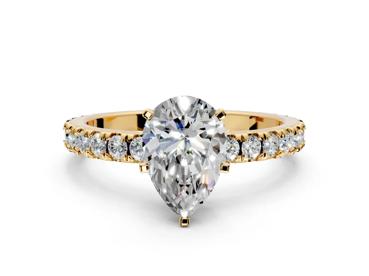 Solitaire Engagement Ring Setting for Pear-Shaped Center with Fine Pave Band and Claw Prong Head in Yellow Gold