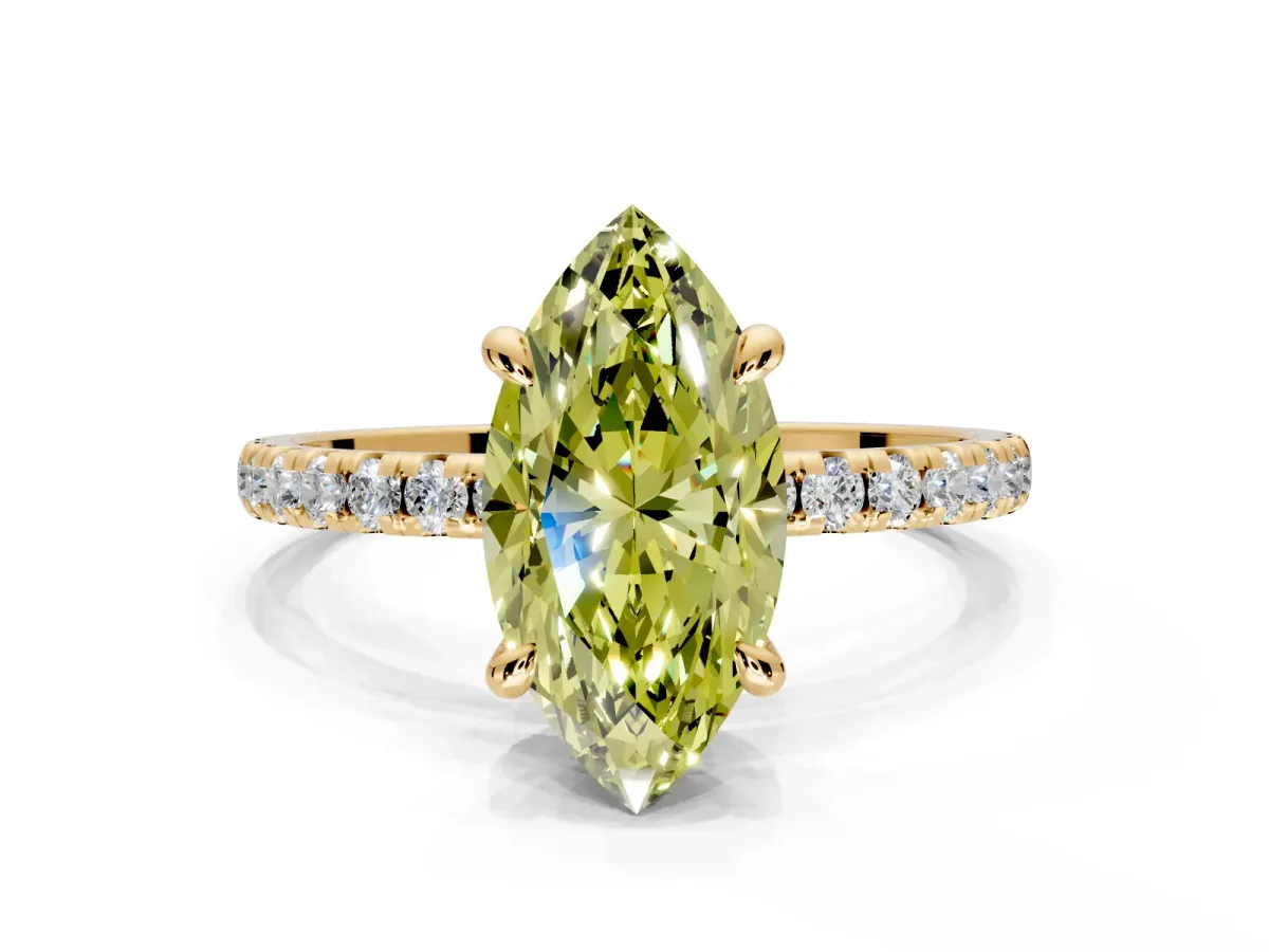 Solitaire Engagement Ring Setting for Fancy Yellow Marquise Center with Fine Pave Narrow Band and Prong Head in Yellow Gold