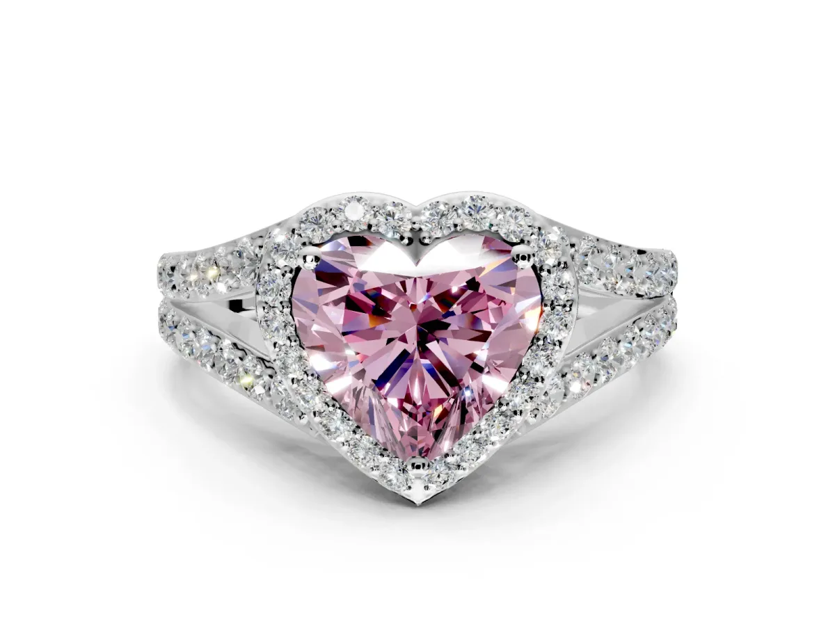 Halo Engagement Ring Setting for Fancy Pink Heart-Shaped Center with Narrow Pave Split Shank and Prong Head in White Gold