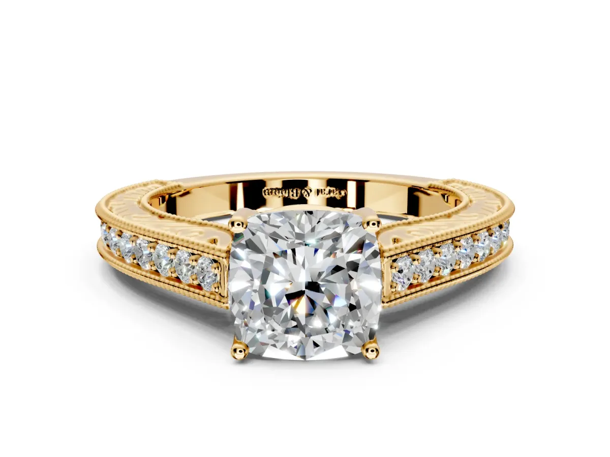 Solitaire Engagement Ring Setting for Cushion Cut Center with Engraved Pave Band and Prong Head in Yellow Gold